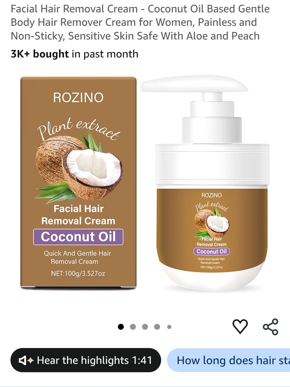 ROZINO Coconut Oil Facial Hair Removal Cream - Brown & White